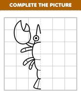 Education game for children complete the picture of cute cartoon lobster half outline for drawing printable underwater worksheet vector