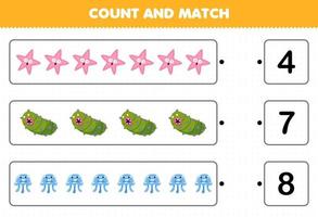 Education game for children count the number of cute cartoon starfish sea cucumber jellyfish and match with the right numbers printable underwater worksheet vector