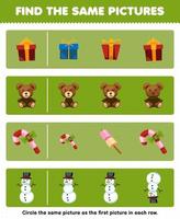 Education game for children find the same picture in each row of cute cartoon gift box teddy bear candy snowman printable winter worksheet vector