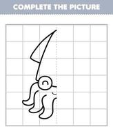 Education game for children complete the picture of cute cartoon squid half outline for drawing printable underwater worksheet vector