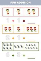 Education game for children fun addition by counting and tracing the number of cute cartoon diver and mermaid printable underwater worksheet vector