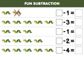 Education game for children fun subtraction by counting cute cartoon eel in each row and eliminating it printable underwater worksheet vector