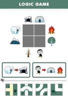 Education game for children logic puzzle build the road for polar bear and penguin move to den bonfire and igloo printable winter worksheet vector