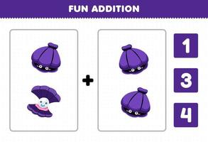 Education game for children fun addition by count and choose the correct answer of cute cartoon shell printable underwater worksheet vector