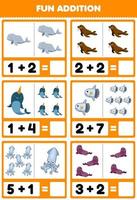 Education game for children fun addition by counting and sum of cute cartoon beluga walrus narwhal sunfish squid seal printable underwater worksheet vector