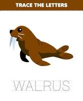 Education game for children trace the letter of cute cartoon walrus printable underwater worksheet vector
