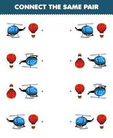 Education game for children connect the same picture of cute cartoon helicopter and balloon pair printable transportation worksheet vector