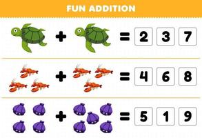 Education game for children fun addition by guess the correct number of cute cartoon turtle lobster shell printable underwater worksheet vector