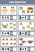 Education game for children fun addition by counting and sum of cute cartoon crab printable underwater worksheet vector