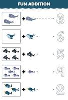 Education game for children fun counting and add one more cartoon whale orca fish narwhal then choose the correct number underwater worksheet vector