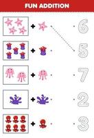 Education game for children fun counting and add one more cartoon starfish anemone jellyfish coral octopus then choose the correct number underwater worksheet vector