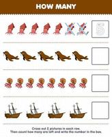 Education game for children count how many cute cartoon cuttlefish walrus wrecked ship and write the number in the box printable underwater worksheet vector