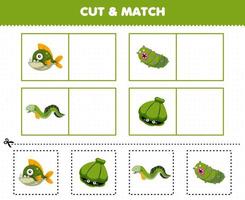 Education game for children cut and match the same picture of cute cartoon piranha shell eel se cucumber printable underwater worksheet vector