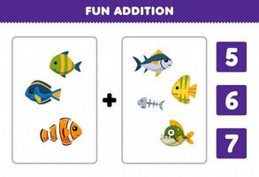 Education game for children fun addition by count and choose the correct answer of cute cartoon fish printable underwater worksheet vector