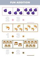 Education game for children fun addition by counting and tracing the number of cute cartoon shell shrimp crab printable underwater worksheet vector