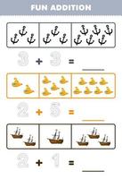 Education game for children fun addition by counting and tracing the number of cute cartoon anchor submarine wrecked ship printable underwater worksheet vector