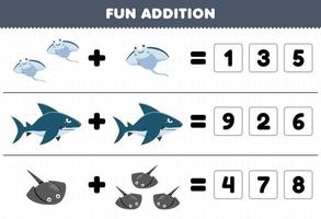 Education game for children fun addition by guess the correct number of cute cartoon manta shark stingray printable underwater worksheet vector