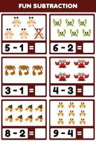 Education game for children fun subtraction by counting and eliminating cute cartoon crab printable underwater worksheet vector