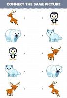 Education game for children connect the same picture of cute cartoon deer polar bear penguin arctic fox printable winter worksheet vector