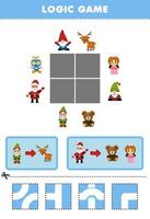 Education game for children logic puzzle build the road for gnome and santa move to deer teddy bear and doll printable winter worksheet vector
