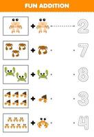 Education game for children fun counting and add one more cartoon crab then choose the correct number underwater worksheet vector