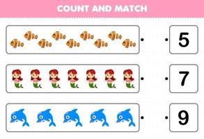 Education game for children count the number of cute cartoon fish mermaid dolphin and match with the right numbers printable underwater worksheet vector