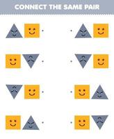 Education game for children connect the same picture of cute cartoon triangle and square pair printable geometric shape worksheet vector