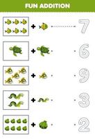 Education game for children fun counting and add one more cartoon fish turtle piranha eel shell then choose the correct number underwater worksheet vector