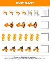 Education game for children count how many cute cartoon shrimp fish seahorse hermit crab and write the number in the box printable underwater worksheet vector