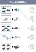 Education game for children fun counting and add one more cartoon hammer shark manta stingray then choose the correct number underwater worksheet vector