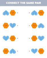 Education game for children connect the same picture of cute cartoon heart and hexagon pair printable geometric shape worksheet vector