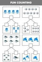 juego educativo para niños diversión contando imagen en cada caja de dibujos animados lindo medusa pez luna atún delfín hoja de trabajo subacuática imprimible vector