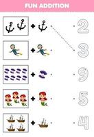 Education game for children fun counting and add one more cartoon anchor diver shell mermaid wrecked ship then choose the correct number underwater worksheet vector