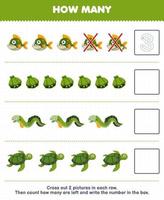 Education game for children count how many cute cartoon piranha shell eel turtle and write the number in the box printable underwater worksheet vector