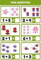 juego educativo para niños divertido además contando y sumando dibujos animados lindos estrellas de mar anémona pulpo medusas coral peces hoja de trabajo subacuática imprimible vector