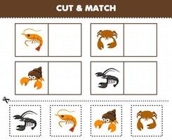 Education game for children cut and match the same picture of cute cartoon shrimp crab hermit crab lobster printable underwater worksheet vector