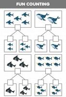 juego educativo para niños diversión contando imágenes en cada caja de dibujos animados lindo tiburón ballena orca narval hoja de trabajo subacuática imprimible vector