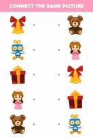 Education game for children connect the same picture of cute cartoon bell robot gift box doll teddy bear printable winter worksheet vector