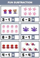 Education game for children fun subtraction by counting and eliminating cute cartoon anemone starfish jellyfish coral octopus fish printable underwater worksheet vector