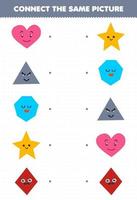 Education game for children connect the same picture of cute cartoon heart triangle heptagon star rhombus printable geometric shape worksheet vector