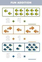 Education game for children fun addition by counting and tracing the number of cute cartoon fish printable underwater worksheet vector