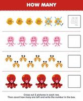 Education game for children count how many cute cartoon fish jellyfish crab octopus and write the number in the box printable underwater worksheet vector