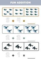 Education game for children fun addition by counting and tracing the number of cute cartoon narwhal whale orca printable underwater worksheet vector