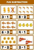 Education game for children fun subtraction by counting and eliminating cute cartoon seahorse shrimp fish lobster printable underwater worksheet vector