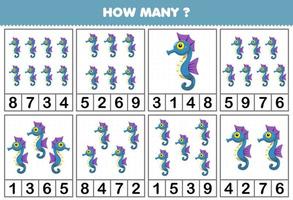 Education game for children counting how many objects in each table of cute cartoon seahorse printable underwater worksheet vector