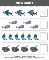 Education game for children count how many cute cartoon shark whale narwhal stingray and write the number in the box printable underwater worksheet vector