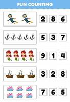 juego educativo para niños diversión contando y eligiendo el número correcto de dibujos animados lindo buzo ancla sirena barco naufragado coral hoja de trabajo subacuática imprimible vector