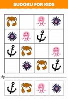 juego educativo para niños sudoku para niños con dibujos animados lindo cangrejo medusa erizo ancla imprimible hoja de trabajo bajo el agua vector