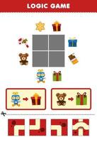 Education game for children logic puzzle build the road for robot and teddy bear move to gift box printable winter worksheet vector