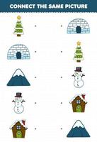 Education game for children connect the same picture of cute cartoon christmas tree igloo mountain snowman house printable winter worksheet vector